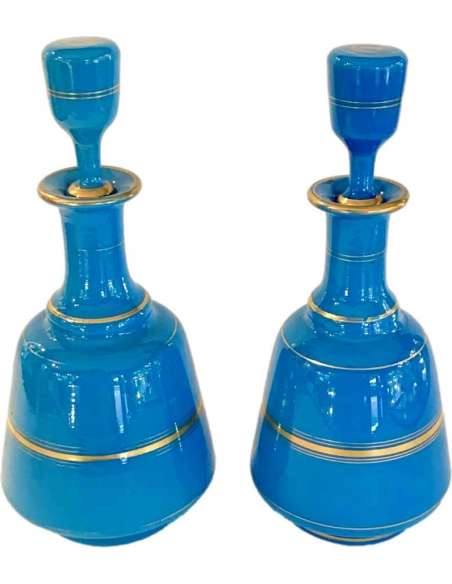 Pair Of Flag Blue Opaline Flasks - Opalines, enameled glasses-Bozaart