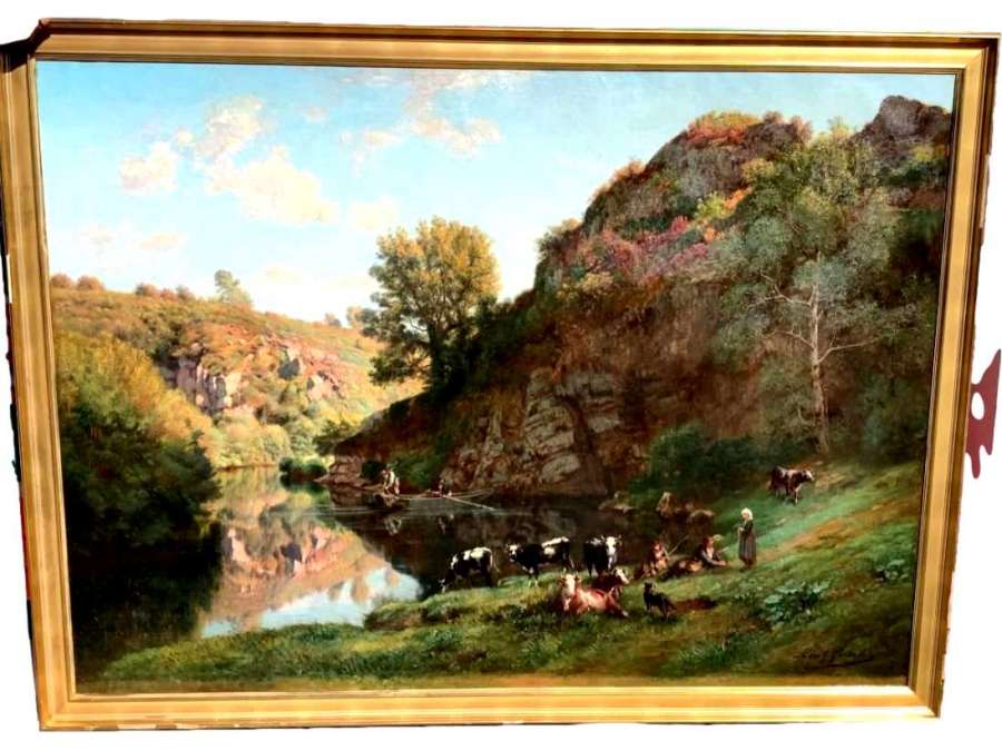 Painting By Paul Albert Girard (1839-1920) Animated Landscape By The River.