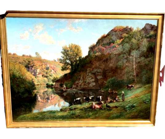 Painting By Paul Albert Girard (1839-1920) Animated Landscape By The River. - Landscape paintings