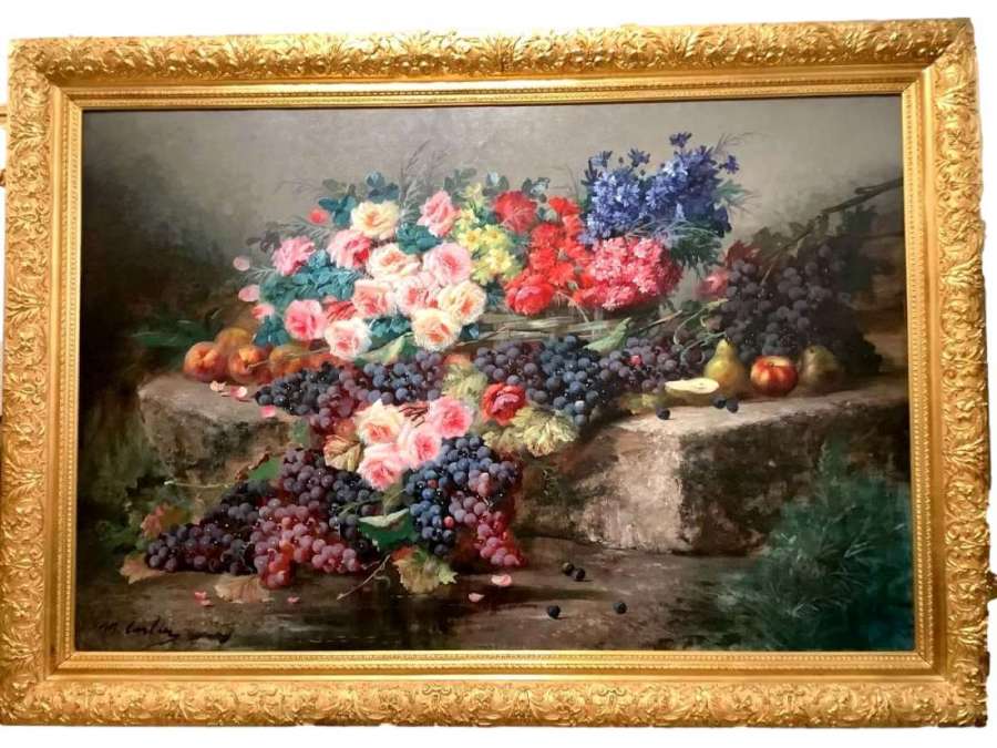 Painting By Albert Louis Carlier (1872-1938) Bouquet Of Flowers On An Entablature