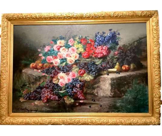 Tableau Par Albert Louis Carlier (1872-1938) Bouquet De Fleur Sur Un Entablement - Tableaux natures mortes