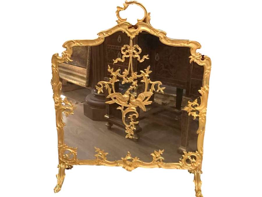 Louis XVI Style Firewall In Gilded Bronze - chenets, fireplace accessories