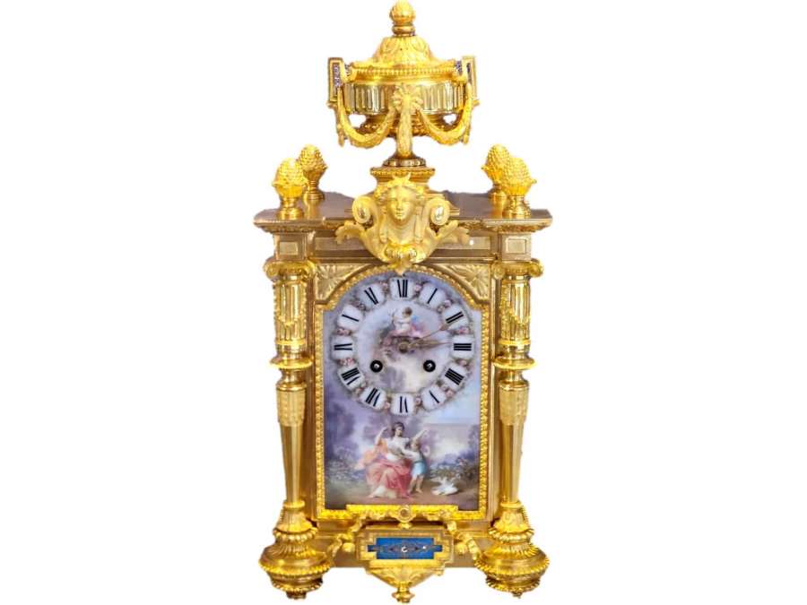 Pendulum Sevres Plates And Gilded Bronze With The Theme Of Love - antique Clocks