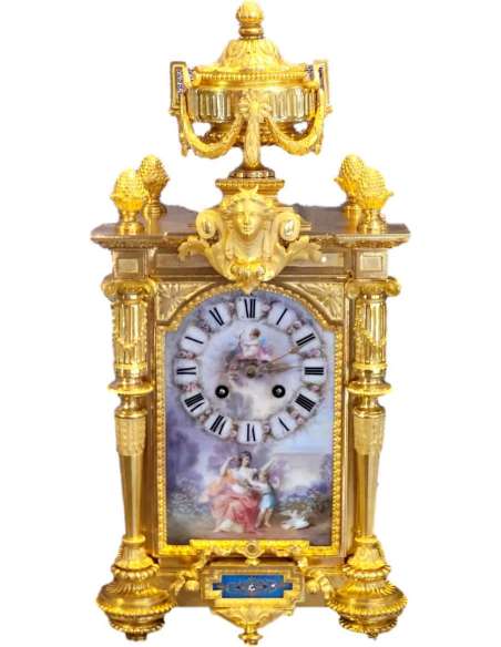 Pendulum Sevres Plates And Gilded Bronze With The Theme Of Love - antique Clocks-Bozaart
