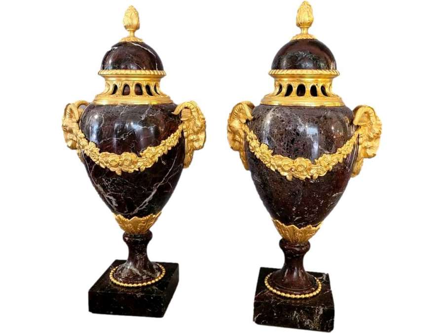 A Pair Of Covered Vases, Red Campan Marble Gilded Bronze