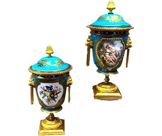 Pair Of Covered Vases, Porcelain And Gilded Bronze Perfume Burners - cups, basins, cassolettes