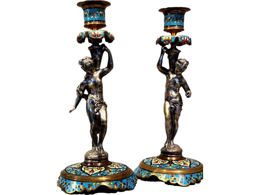 Pair Of Cloisonne Enamel And Bronze Candle Holders