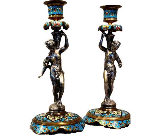 Pair Of Cloisonne Enamel And Bronze Candle Holders - Candle Holders - Torches