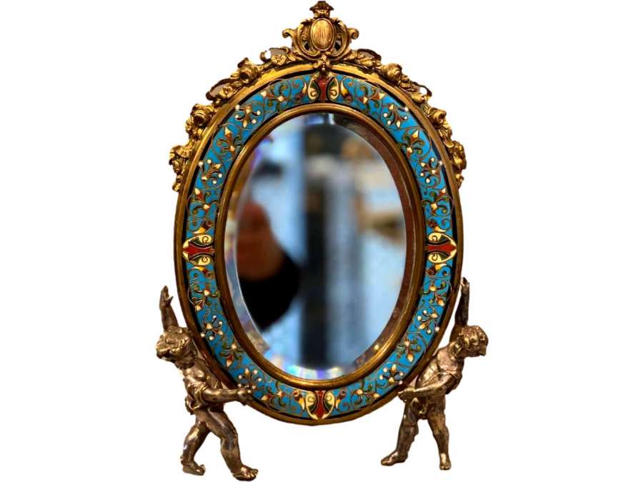 Charming Mirror With Cloisonne Enamel And Silvered Bronze Putti