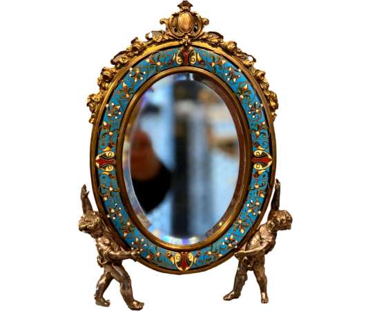 Charming Mirror With Cloisonne Enamel And Silvered Bronze Putti - mirrors