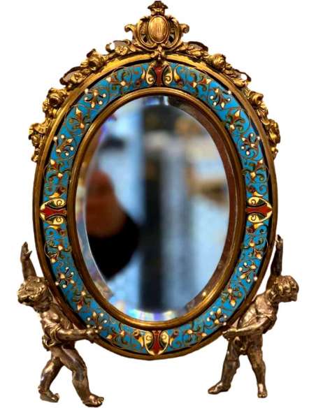 Ravissant Miroir Aux Putti En émail Cloisonné Et Bronze Argenté - miroirs-Bozaart