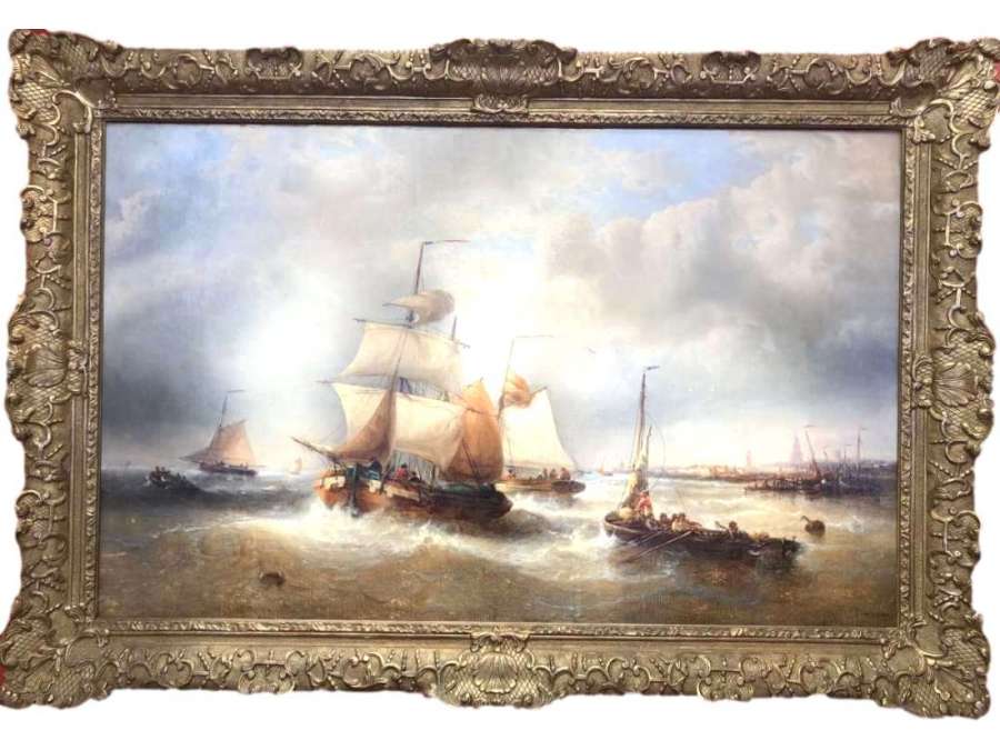 Musin François Ecole Belge 19è Marine Navires Quittant Le Port Peinture XIXè Huile Toile Signée