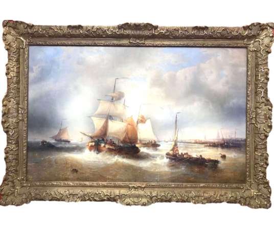 Musin François Belgian School 19th Marine Ships Leaving The Port XIXth Oil Painting Signed Canvas - Marine Paintings