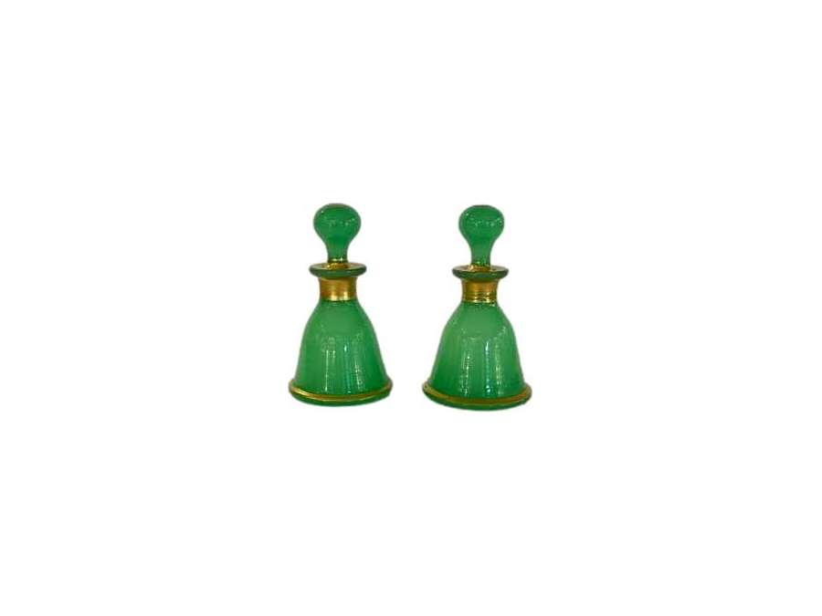 Baccarat: Pair Of Small Green Opaline Flasks