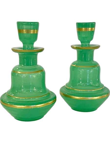 Pair Of Green Opaline Flasks - Opalines, enameled glasses-Bozaart