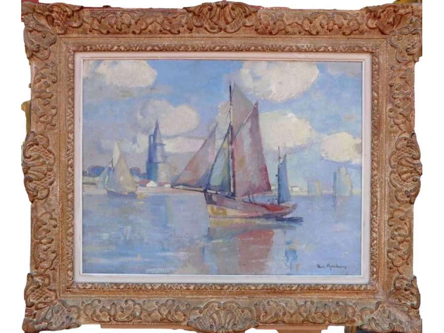 Morchain Paul Painting 20th Fishing Boats Leaving The Port Of La Rochelle Signed Oil - Marine Paintings