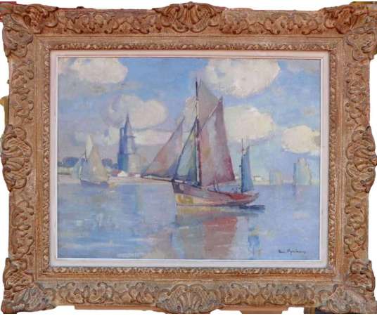 Morchain Paul Painting 20th Fishing Boats Leaving The Port Of La Rochelle Signed Oil - Marine Paintings