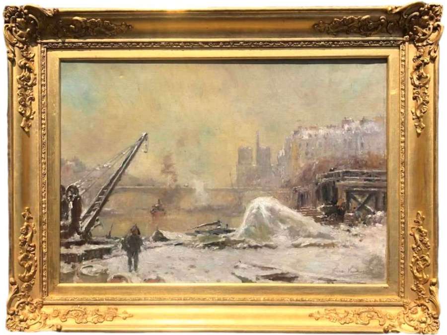 Vauthier Pierre Painting Late XIXth Paris Notre Dame Under The Snow Oil On Canvas Signed - Landscape Paintings