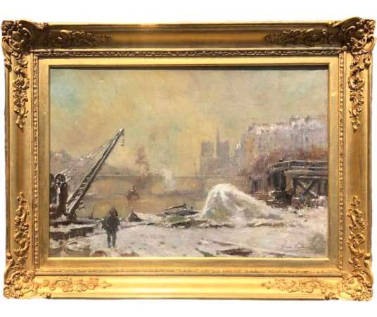 Vauthier Pierre Painting Late XIXth Paris Notre Dame Under The Snow Oil On Canvas Signed - Landscape Paintings