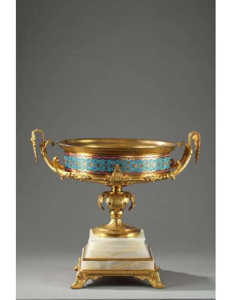 Large Gilded Bronze Cup, Algerian Onyx And Cloisonné Enamels - Objets d'art-Bozaart