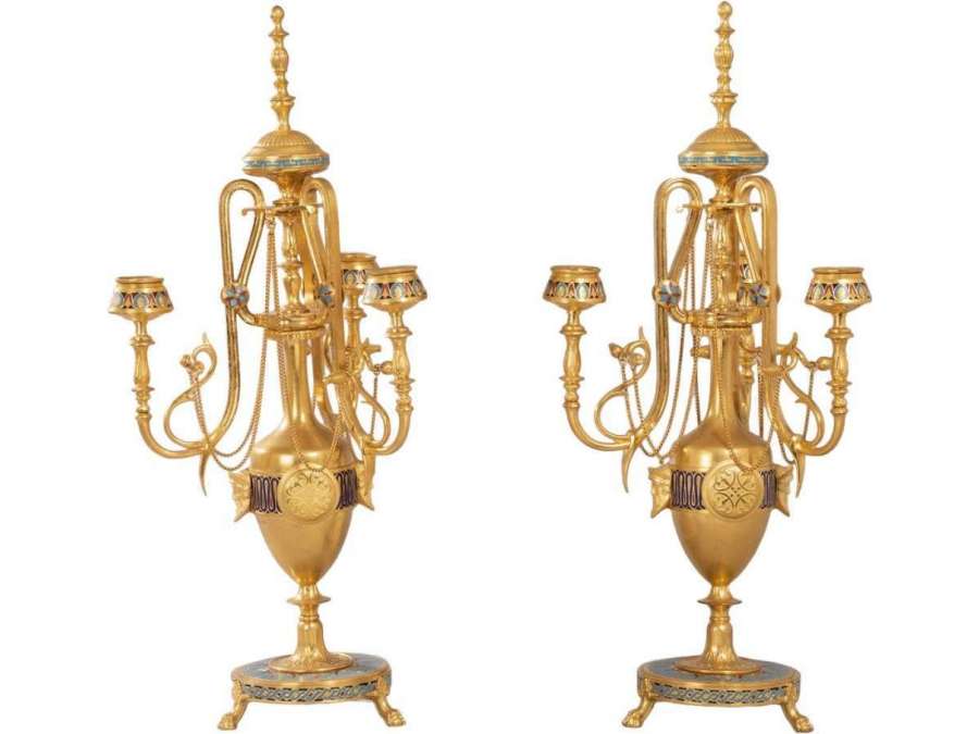 Pair Of Bronze And Cloisonné Enamel Candelabra - F. Barbedienne
