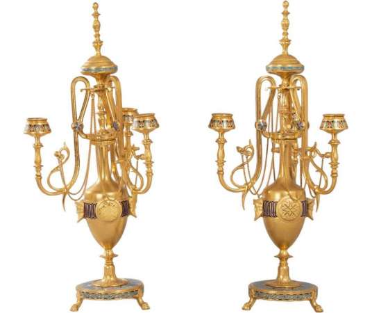 Pair Of Bronze And Cloisonné Enamel Candelabra - F. Barbedienne - Candlesticks-Candelabra