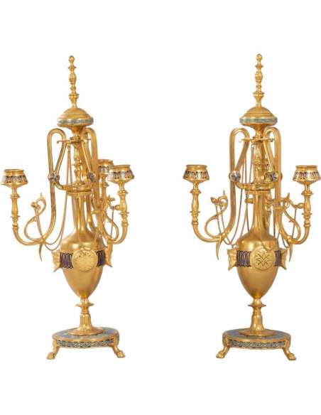 Pair Of Bronze And Cloisonné Enamel Candelabra - F. Barbedienne - Candlesticks-Candelabra-Bozaart