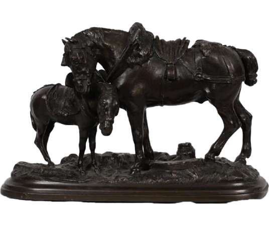 Cheval de trait et mulet+ par P. Lenordez Bronze XIXe siècle