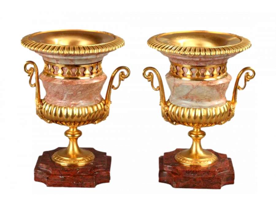 Pair Of Medici Vases Pink Marble, Gilded Bronze