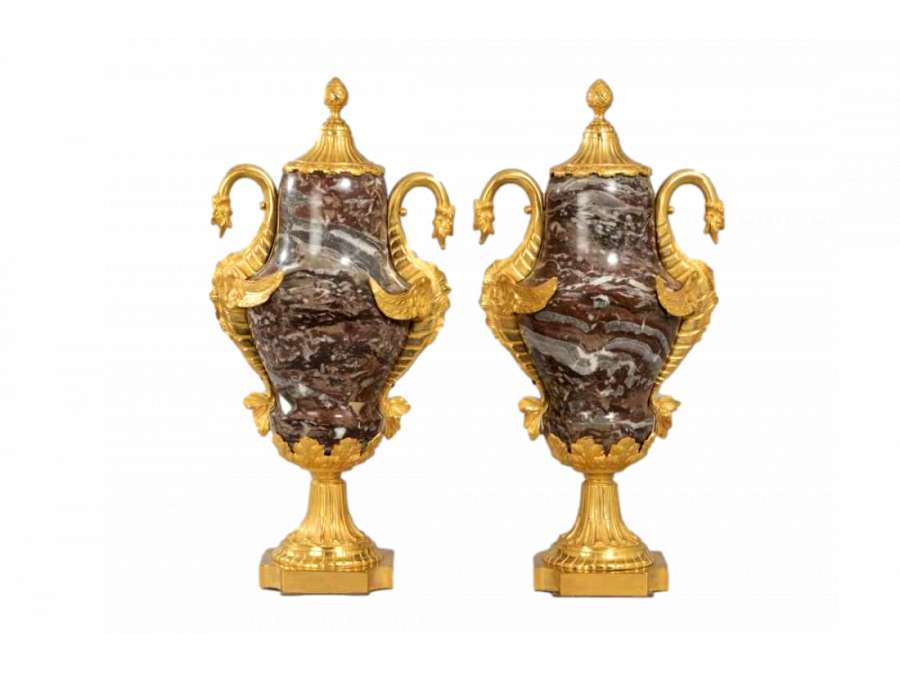 Pair Of Large Covered Vases In Marble And Gilded Bronze