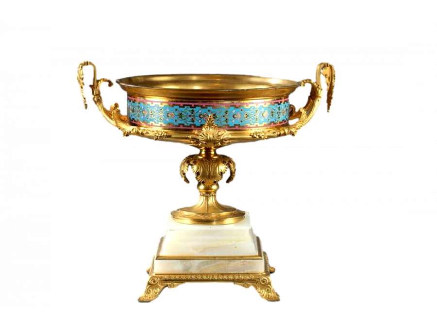 Grande Coupe En Bronze Doré, Onyx d'Algérie Et émaux Cloisonnés