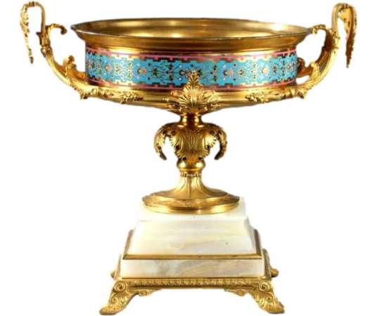 Grande Coupe En Bronze Doré, Onyx d'Algérie Et émaux Cloisonnés - Objets d'art