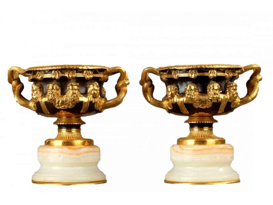 Pair Of Warwick Vases With Bronze And Onyx Beards - cups, basins, cassolettes