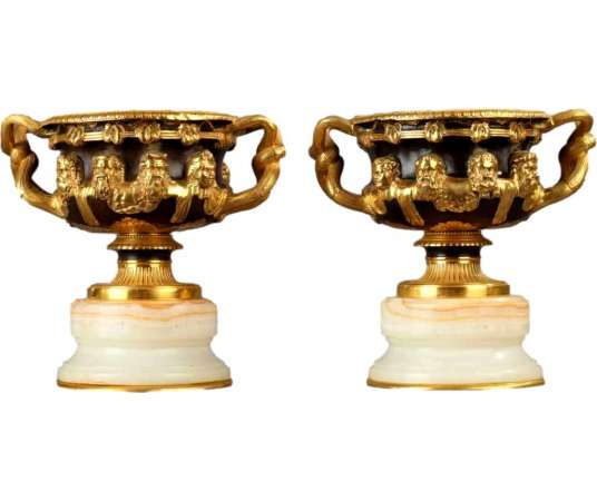 Pair Of Warwick Vases With Bronze And Onyx Beards - cups, basins, cassolettes