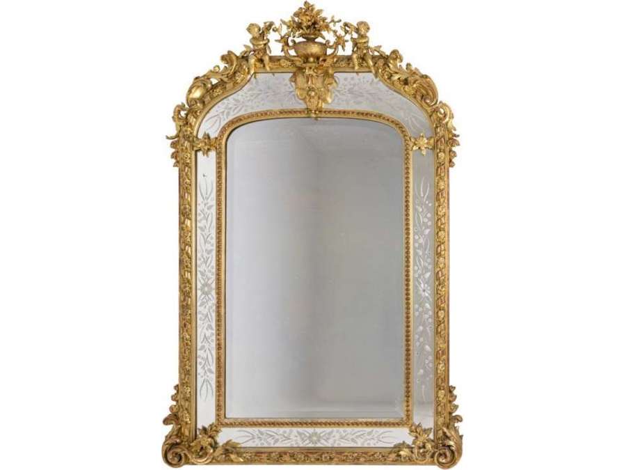 Grand Miroir Style Louis XVI à Parcloses En Bois Doré, Circa 1880 - Ls42292401 - miroirs de cheminée