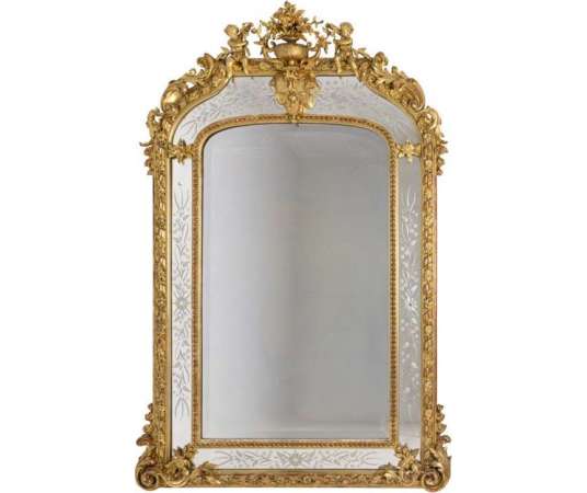 Large Louis XVI Style Mirror with Gilded Wood Paneling, Circa 1880
