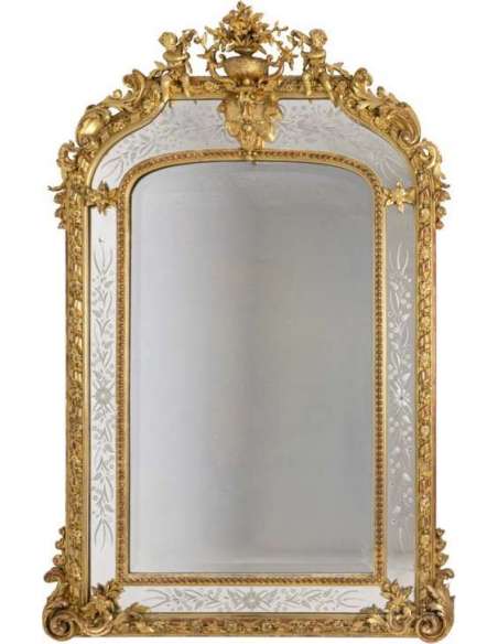 Grand Miroir Style Louis XVI à Parcloses En Bois Doré, Circa 1880 - Ls42292401 - miroirs de cheminée-Bozaart