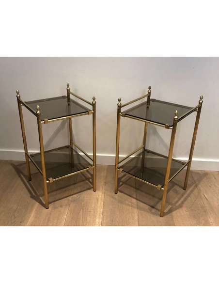 Pair of 20th Century Brass Sofa Ends and Smoked Glass Trays-Bozaart