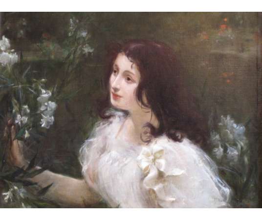 Jeune femme au bouquet de fleurs. XIXème siècle.