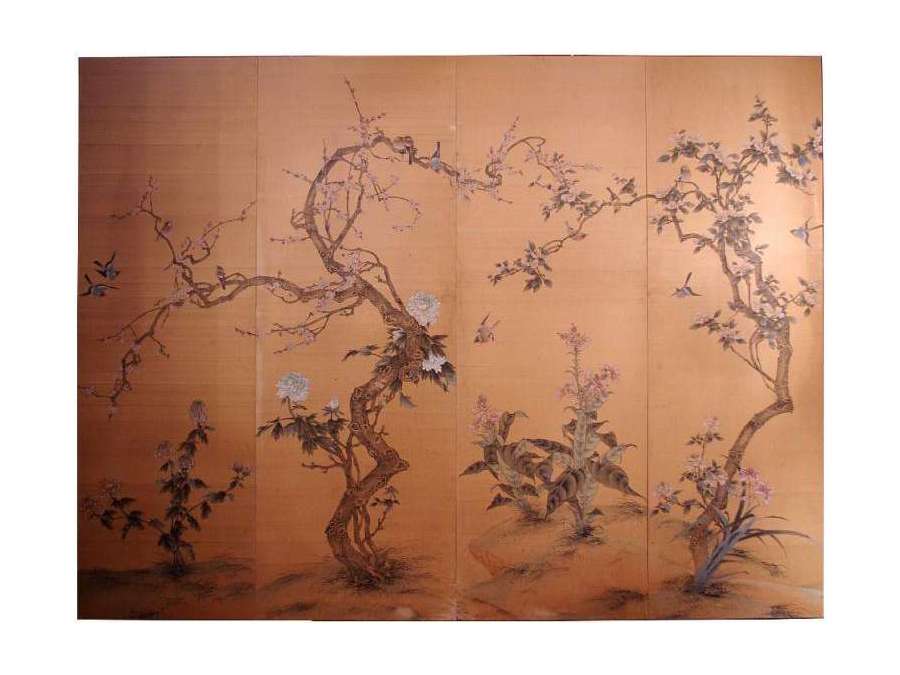Silk panel of Asian art style of the 20th century. Circa 1900