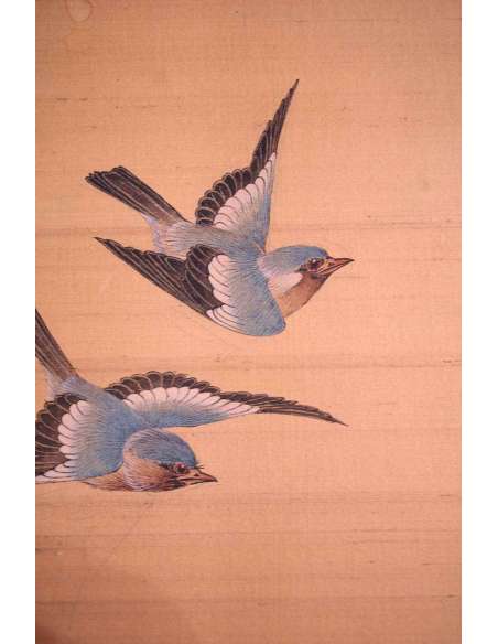 Panneau En Soie Peinte à Décor De Fleurs Et D’oiseaux, Travail Japonais, Vers 1900 - LS29652301 - Tableaux autre genre-Bozaart