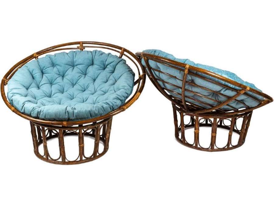 Pair of "Papasan" armchairs in rattan and quilted fabric, 1970s, LS43301351 - Design Seats