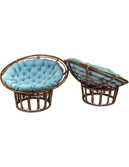 Pair of "Papasan" armchairs in rattan and quilted fabric, 1970s, LS43301351 - Design Seats-Bozaart