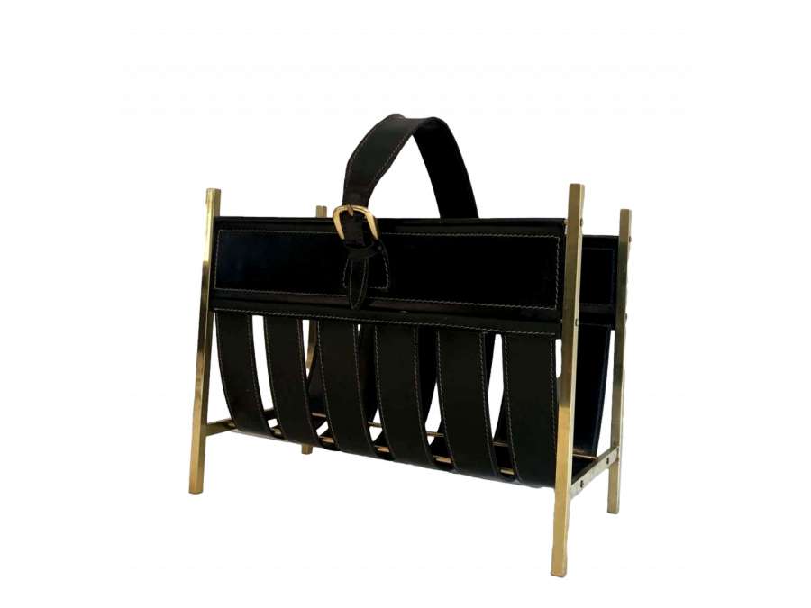 20th Century Magazine Rack in Brass and Leather