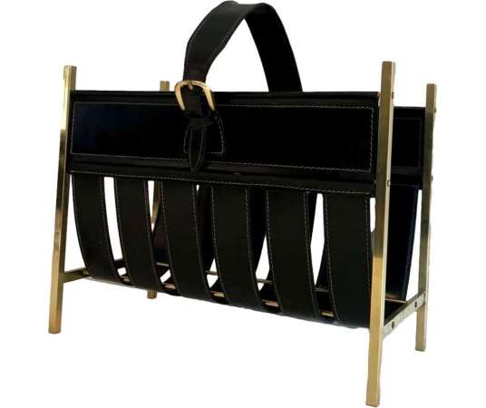 20th Century Magazine Rack in Brass and Leather