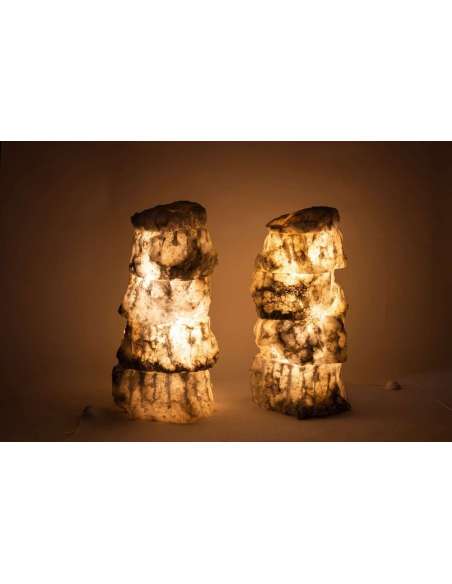 Paire De Lampes En Albâtre, Travail Contemporain, LS54051756B - lampes-Bozaart
