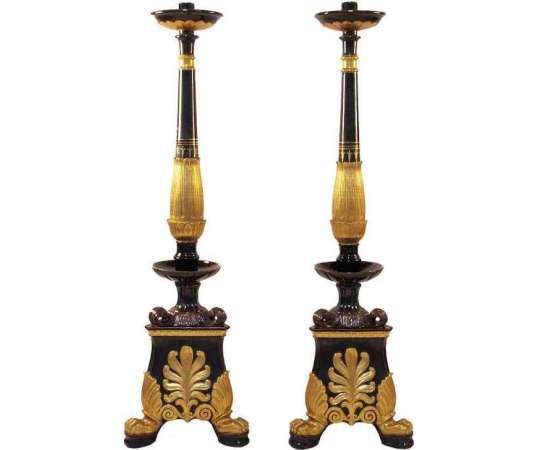 Pair Of Black And Golden Earthenware Torches, Restoration Style, Circa 1950 - LS32161801 - Candle Holders - Torches