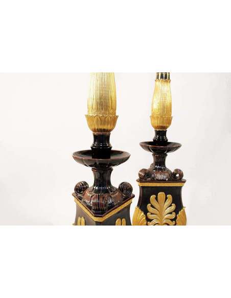 Pair Of Black And Golden Earthenware Torches, Restoration Style, Circa 1950 - LS32161801 - Candle Holders - Torches-Bozaart
