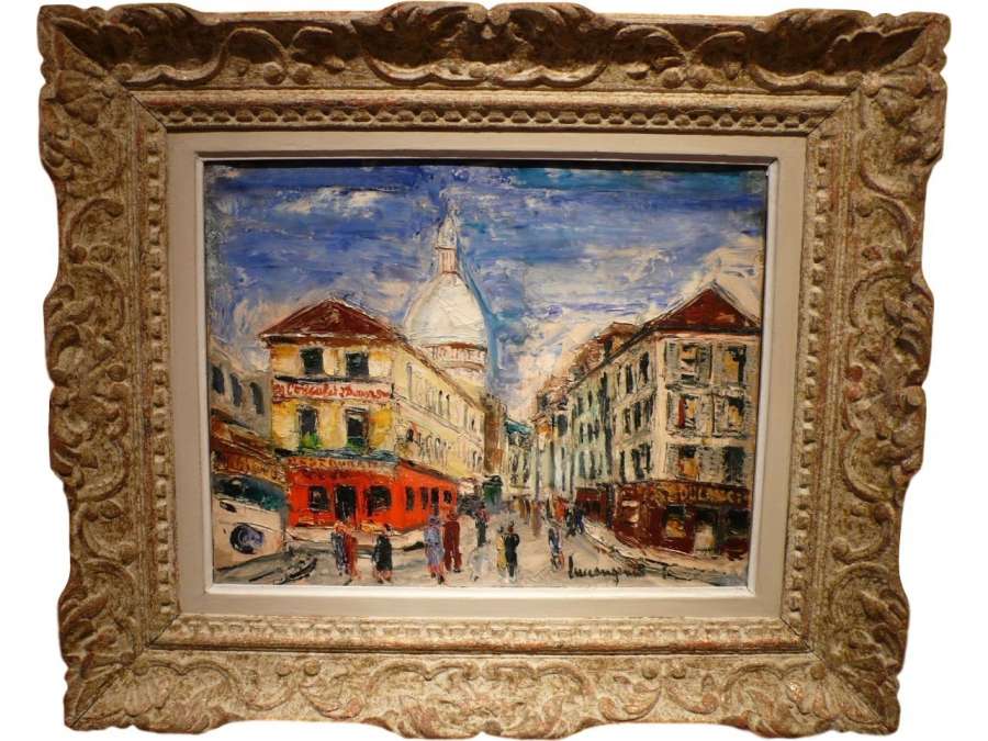 Paris montmartre rue norvins en huile sur toile+ signée Genin Lucien XXè siècle