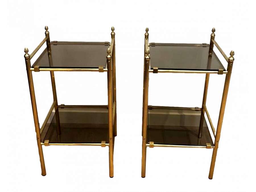 Pair of 20th Century Brass Sofa Ends and Smoked Glass Trays